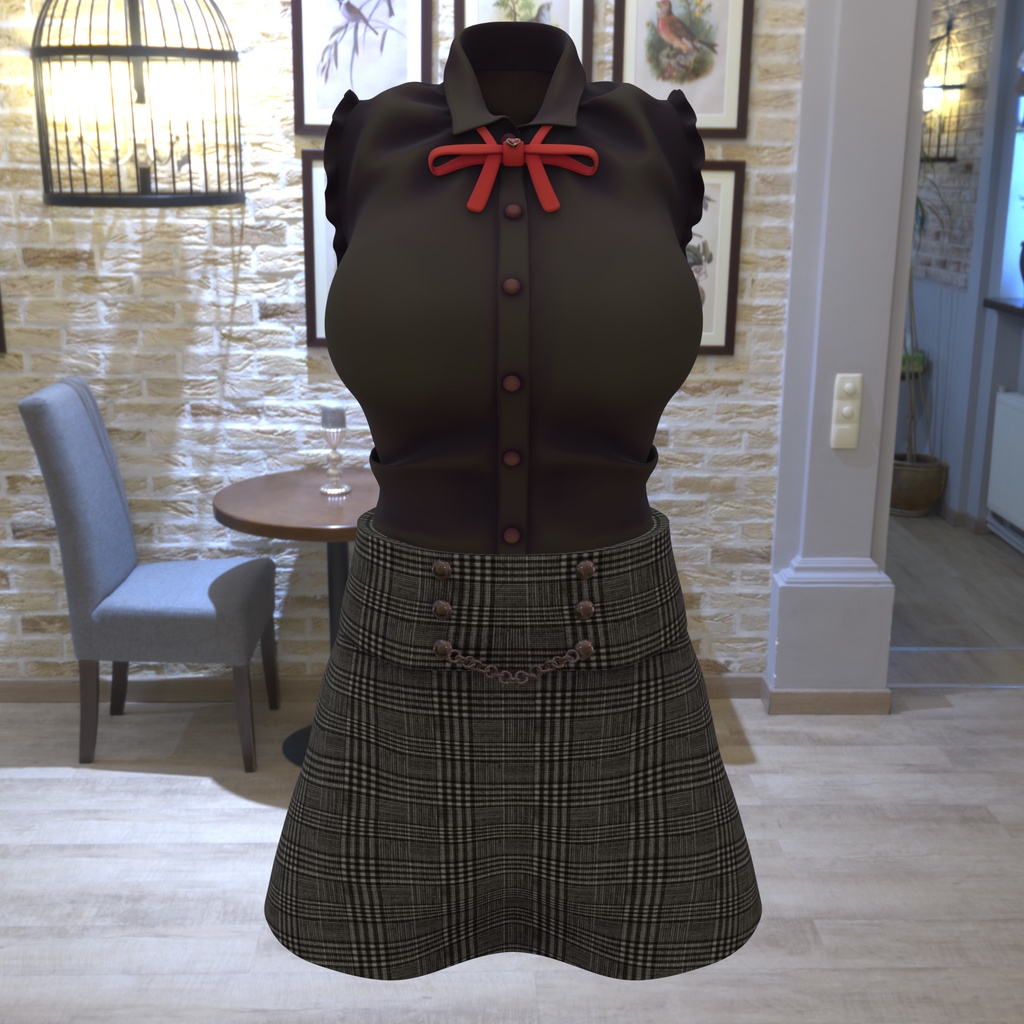 まりえる用の衣装、フリル付きノースリーブブラウス(5色入り)、ハート型の装飾付リボン(黒、赤)、ミニタイトスカート