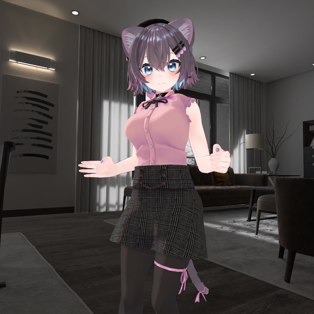 まりえる用の衣装、フリル付きノースリーブブラウス(5色入り)、ハート型の装飾付リボン(黒、赤)、ミニタイトスカート