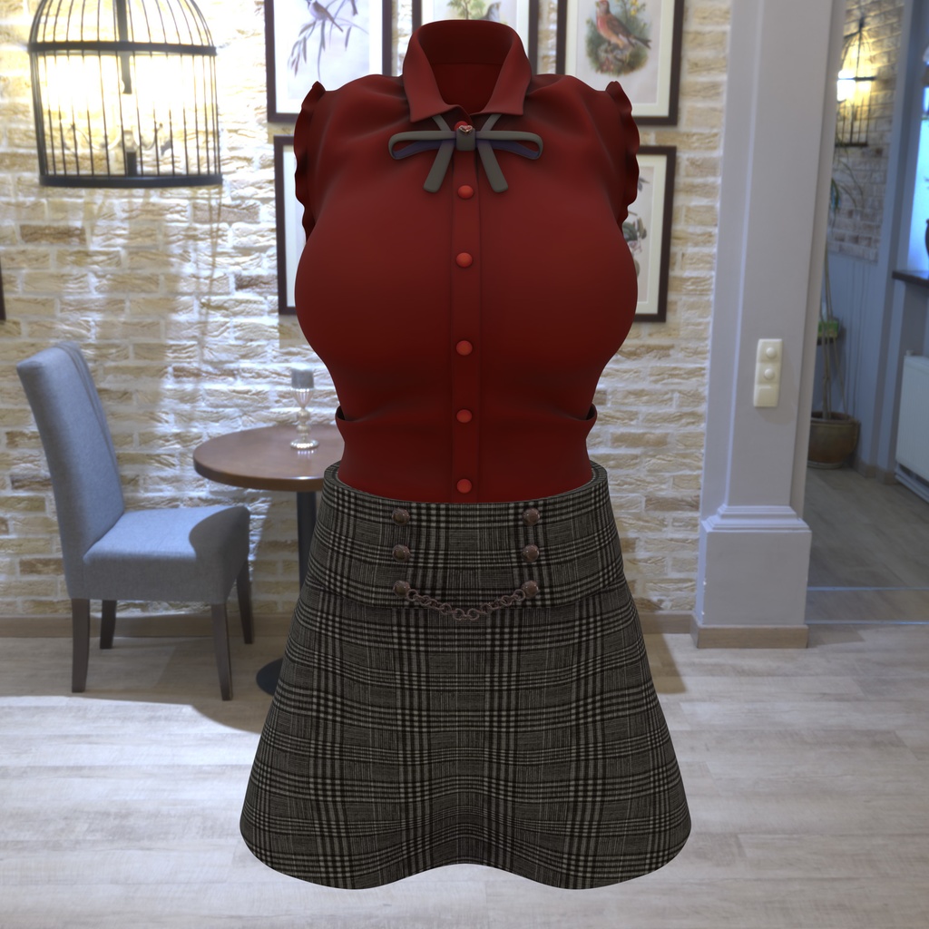 まりえる用の衣装、フリル付きノースリーブブラウス(5色入り)、ハート型の装飾付リボン(黒、赤)、ミニタイトスカート