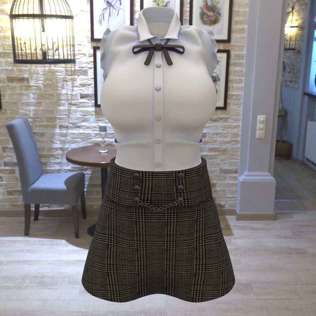 まりえる用の衣装、フリル付きノースリーブブラウス(5色入り)、ハート型の装飾付リボン(黒、赤)、ミニタイトスカート