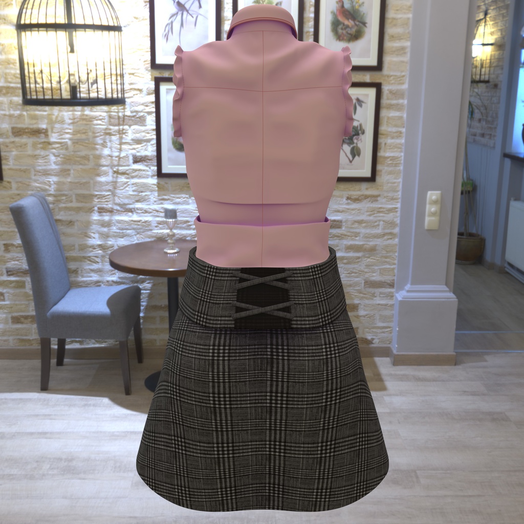 まりえる用の衣装、フリル付きノースリーブブラウス(5色入り)、ハート型の装飾付リボン(黒、赤)、ミニタイトスカート