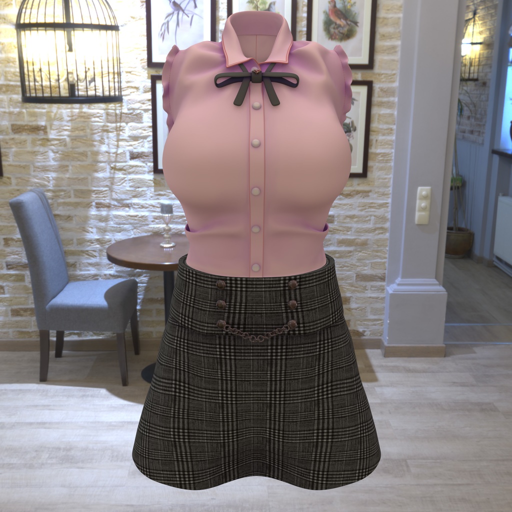 まりえる用の衣装、フリル付きノースリーブブラウス(5色入り)、ハート型の装飾付リボン(黒、赤)、ミニタイトスカート