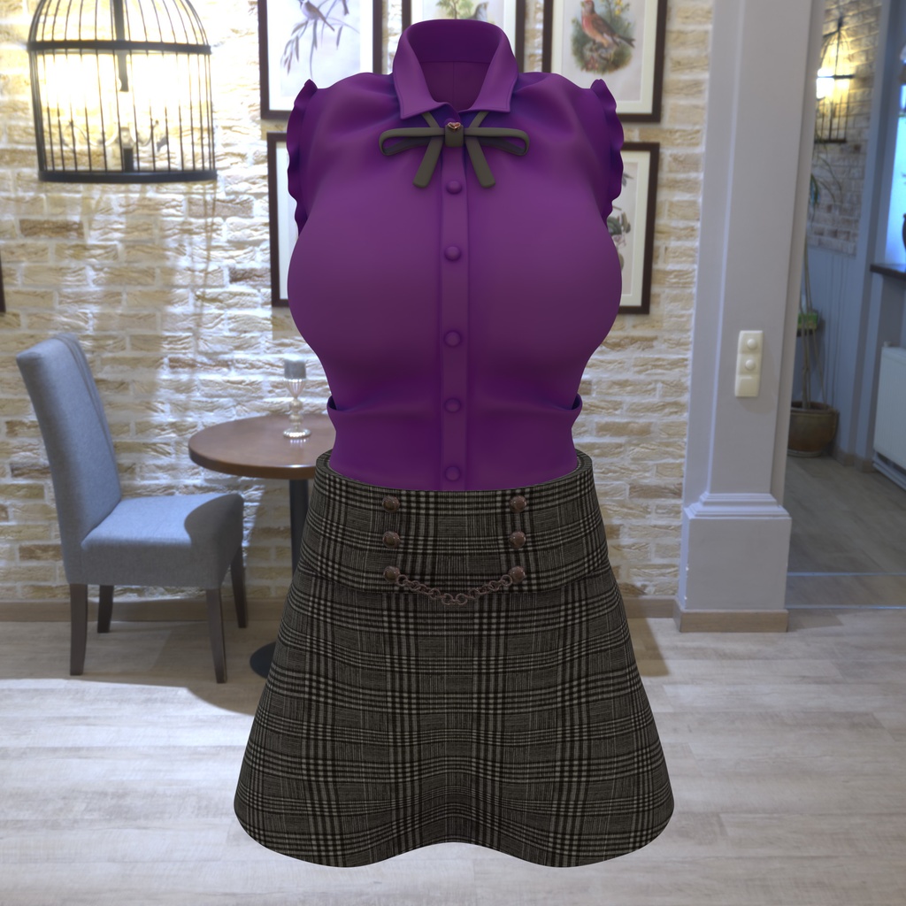 まりえる用の衣装、フリル付きノースリーブブラウス(5色入り)、ハート型の装飾付リボン(黒、赤)、ミニタイトスカート