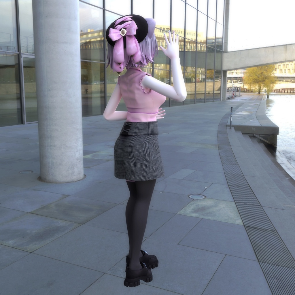 まりえる用の衣装、フリル付きノースリーブブラウス(5色入り)、ハート型の装飾付リボン(黒、赤)、ミニタイトスカート