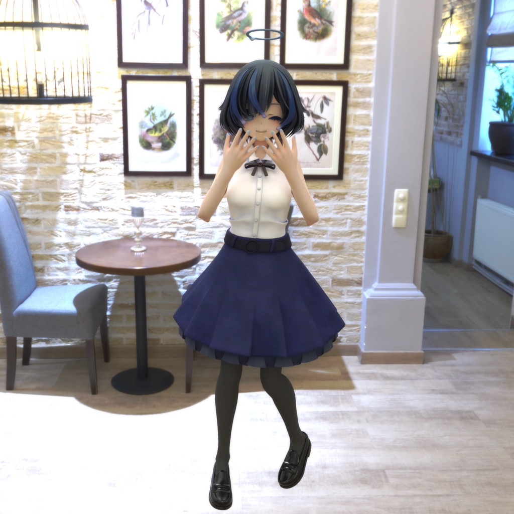 びしょぬれのしずくさん用の衣装、ガーリーミニフレアスカートコーデ(ブラウス、ミニフレアスカート、靴下、ローファー)