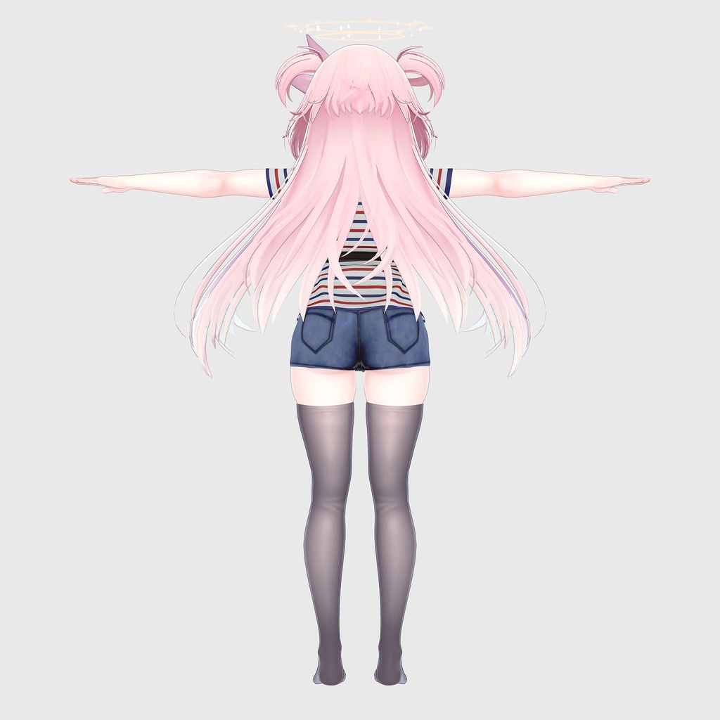 セレスティア用の衣装、ベルトで留めたTシャツとミニデニムパンツ