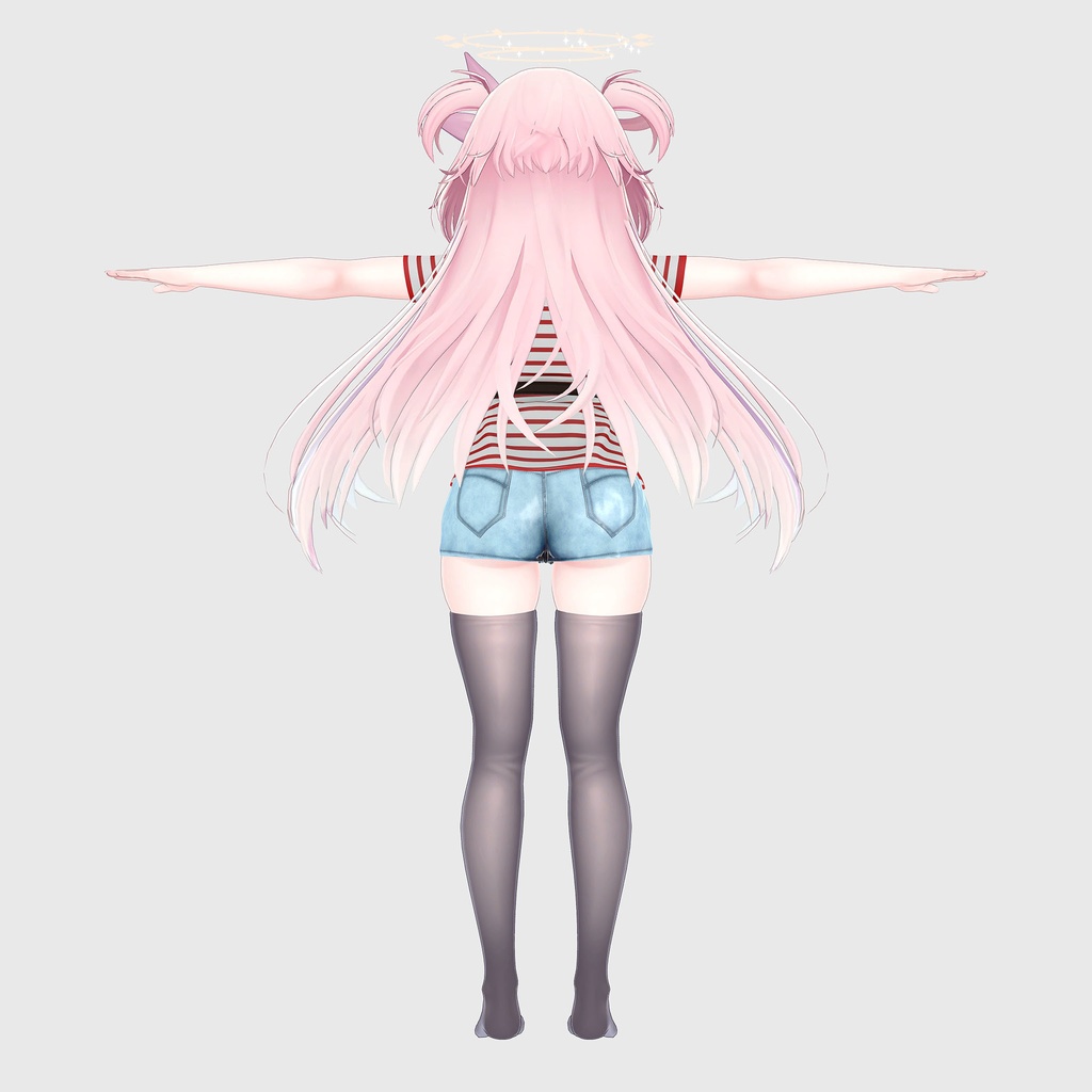 セレスティア用の衣装、ベルトで留めたTシャツとミニデニムパンツ