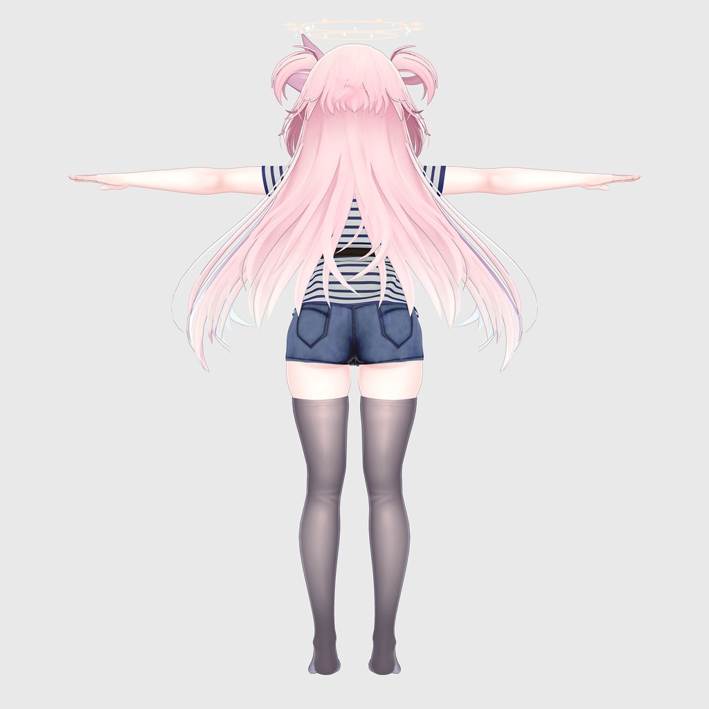 セレスティア用の衣装、ベルトで留めたTシャツとミニデニムパンツ