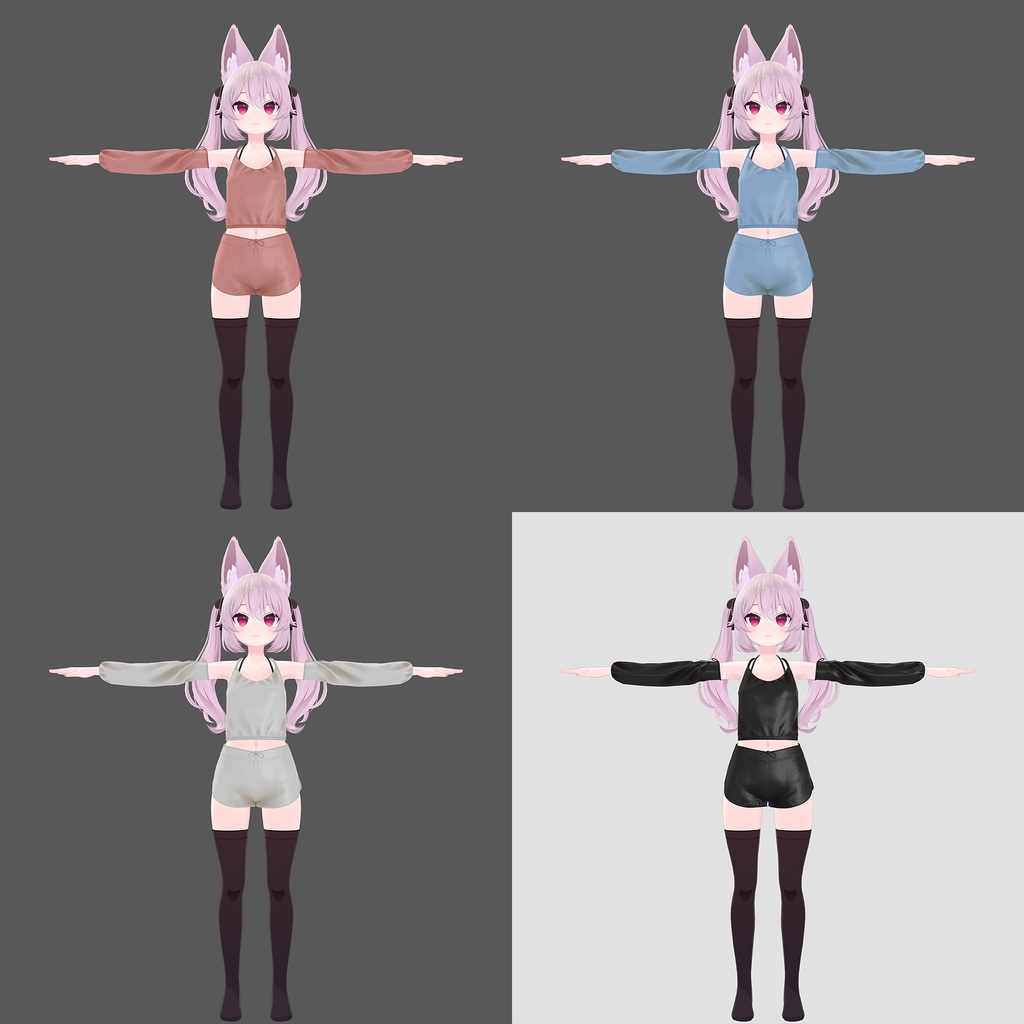 カリン用の衣装、ルームウェア4色入り(キャミソール、ショートパンツ、オフショルダー袖)