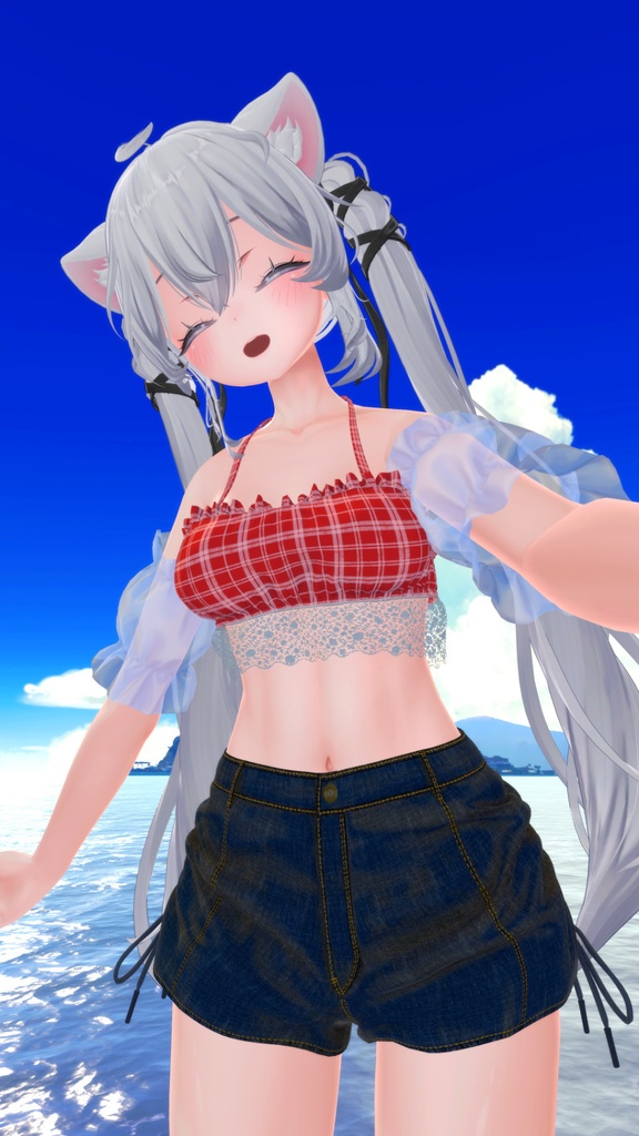 8アバター対応サマーコーデ(水着とデニムショートパンツ、スリーブ、サンダル)