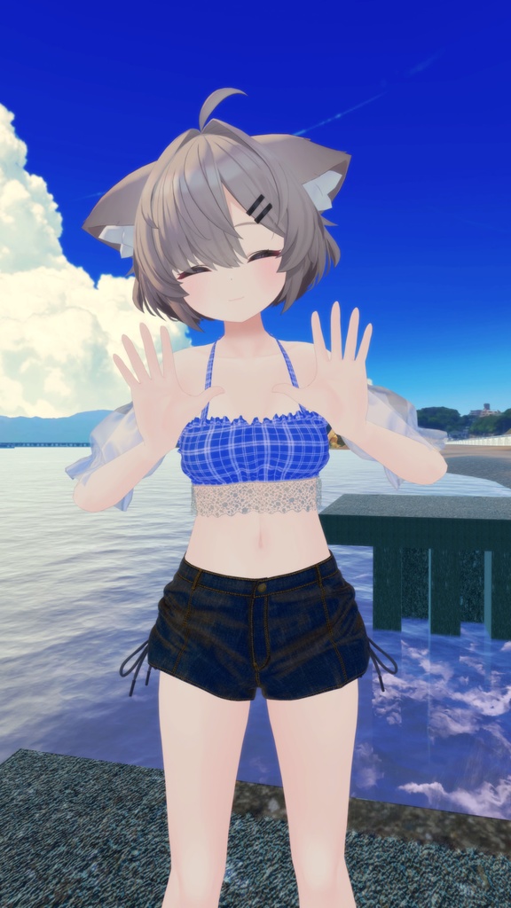 8アバター対応サマーコーデ(水着とデニムショートパンツ、スリーブ、サンダル)