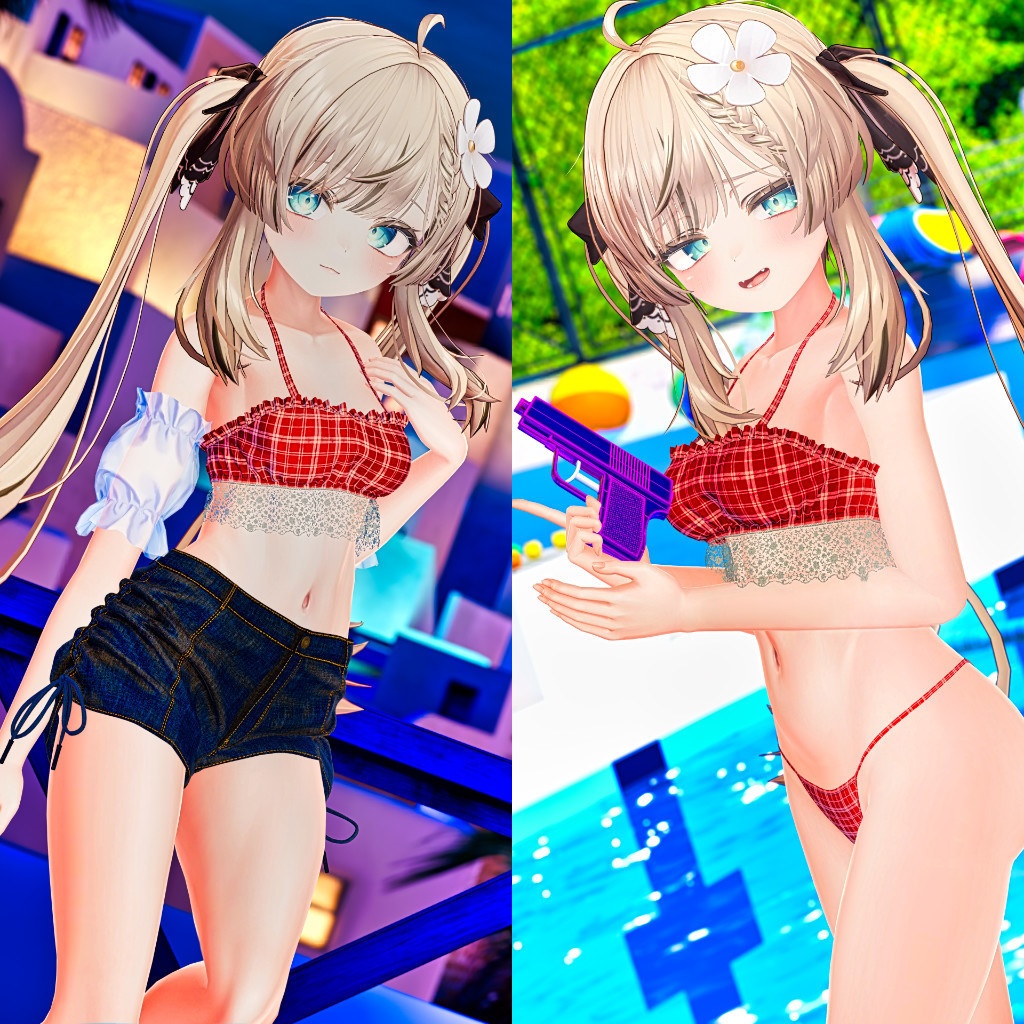 8アバター対応サマーコーデ(水着とデニムショートパンツ、スリーブ、サンダル)