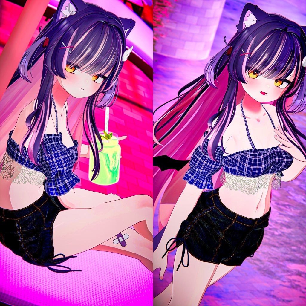 8アバター対応サマーコーデ(水着とデニムショートパンツ、スリーブ、サンダル)