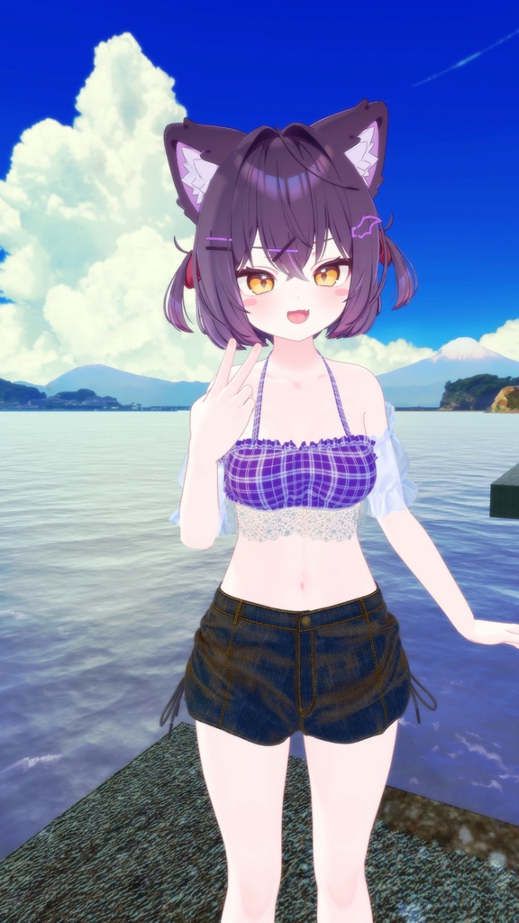 8アバター対応サマーコーデ(水着とデニムショートパンツ、スリーブ、サンダル)