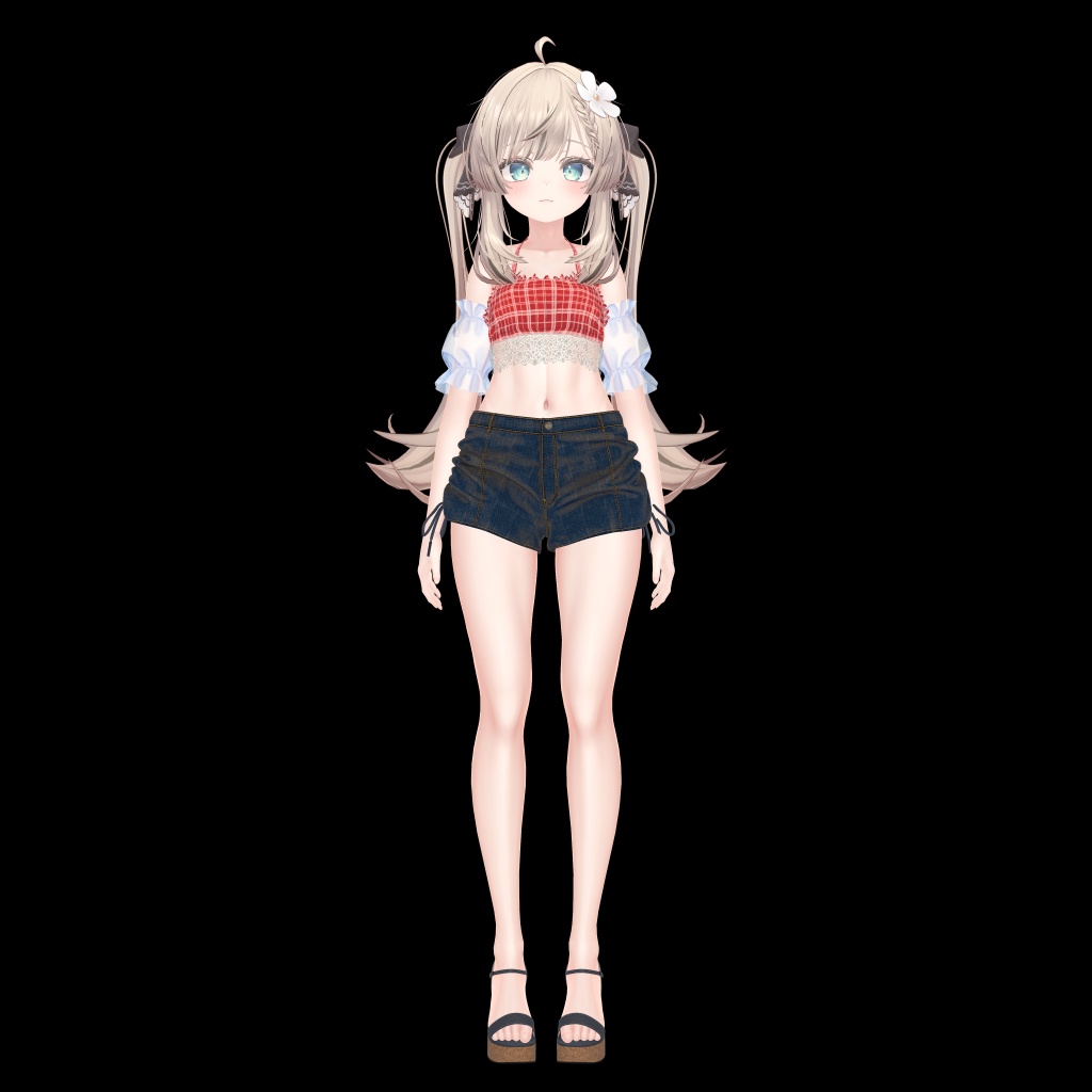 8アバター対応サマーコーデ(水着とデニムショートパンツ、スリーブ、サンダル)