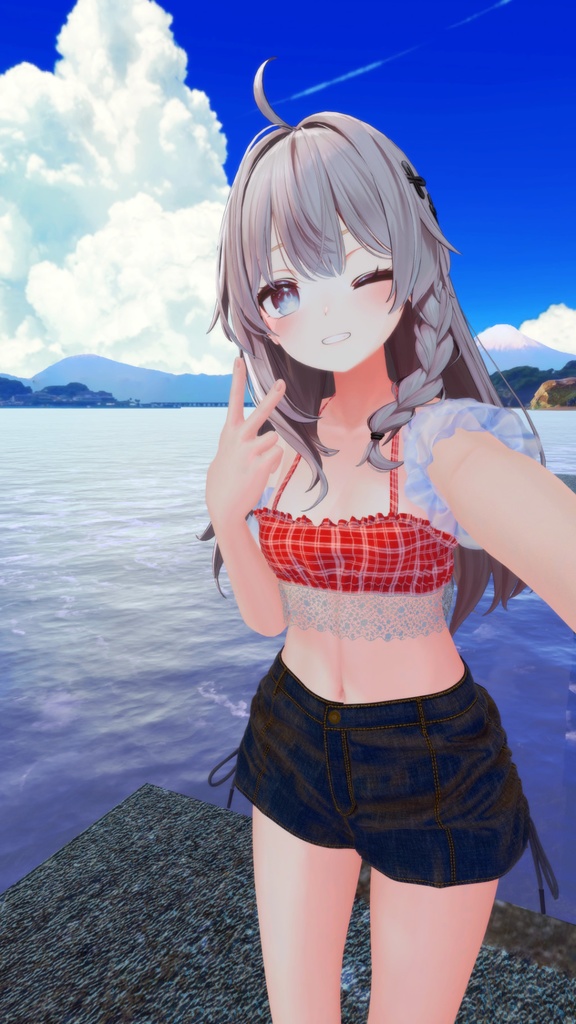 8アバター対応サマーコーデ(水着とデニムショートパンツ、スリーブ、サンダル)