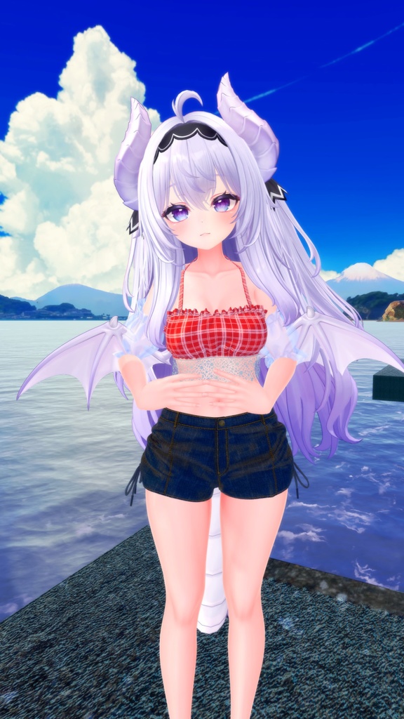 8アバター対応サマーコーデ(水着とデニムショートパンツ、スリーブ、サンダル)