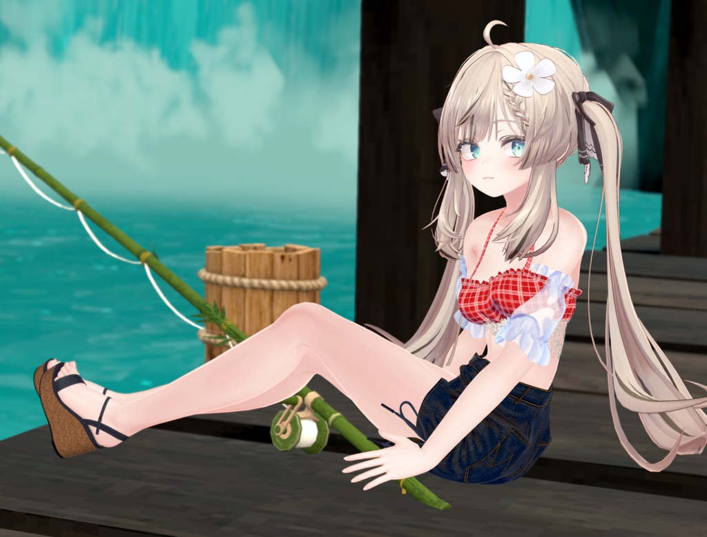 8アバター対応サマーコーデ(水着とデニムショートパンツ、スリーブ、サンダル)