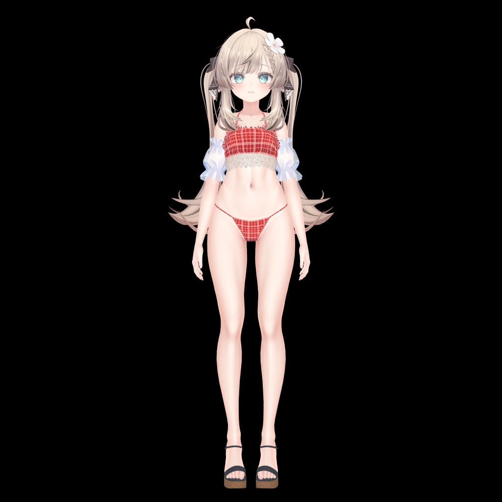 8アバター対応サマーコーデ(水着とデニムショートパンツ、スリーブ、サンダル)