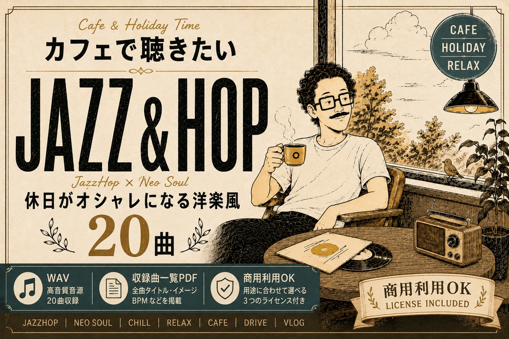 【商用利用OK｜20曲】カフェ・休日に合う洋楽風BGM｜JazzHop × Neo Soul｜個人クリエイター向け