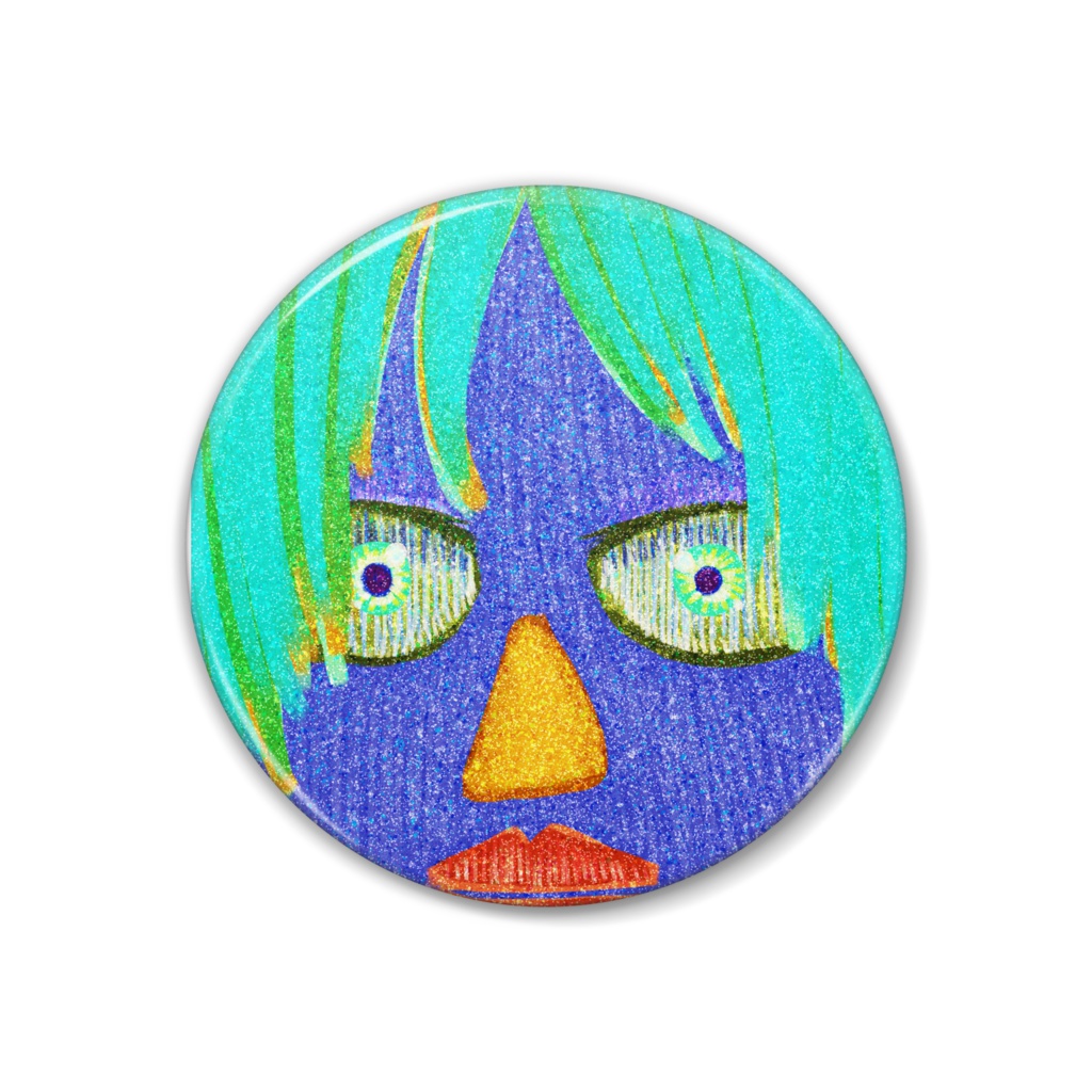 青い顔の缶バッチ1