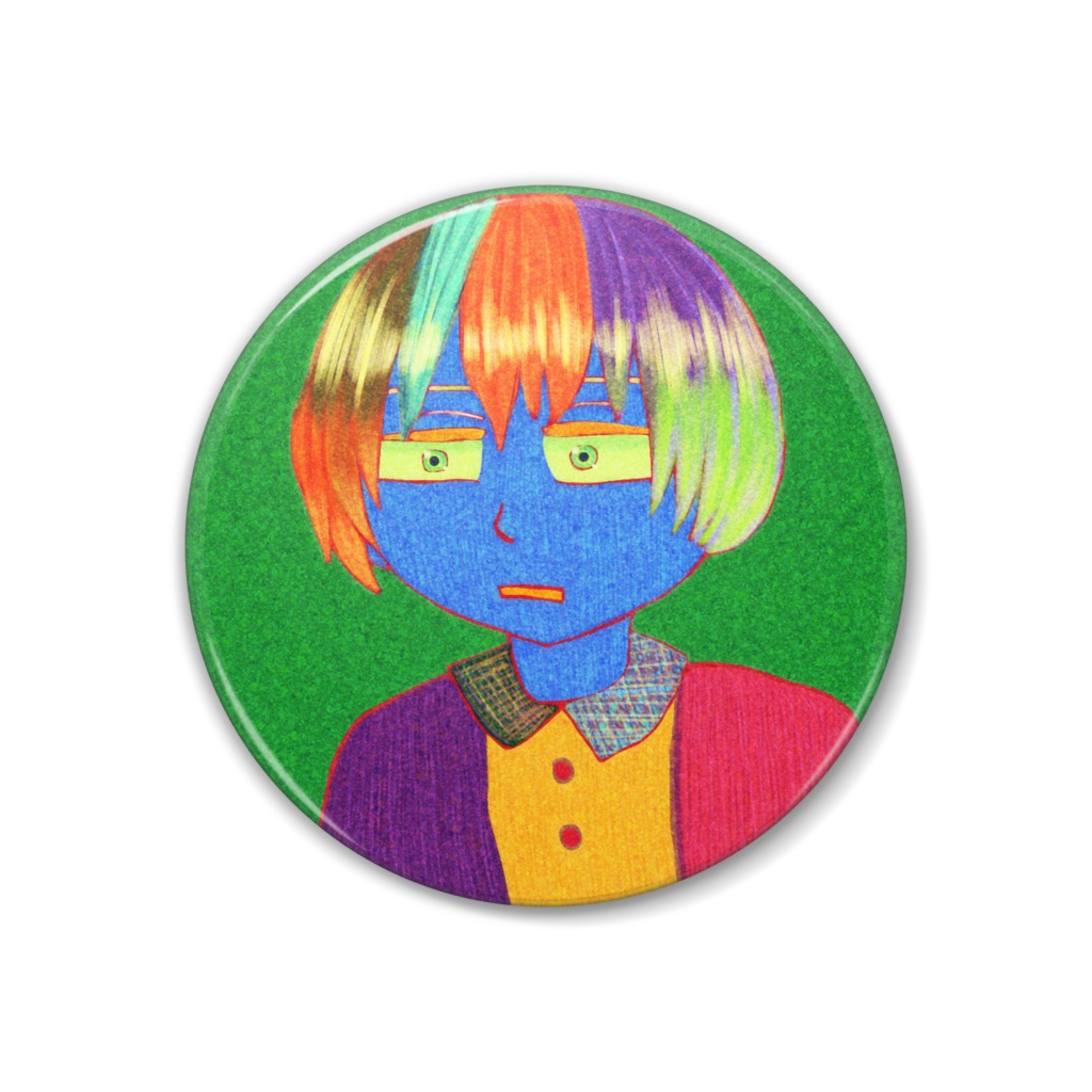 青い顔の缶バッチ3