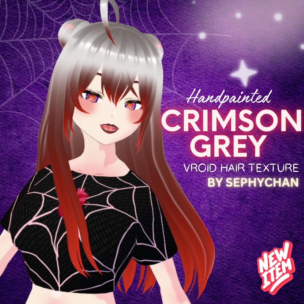 「クリムゾン・グレー VRoid 手描き髪テクスチャ」Crimson Grey Vroid Hair Texture (Handpainted/)-