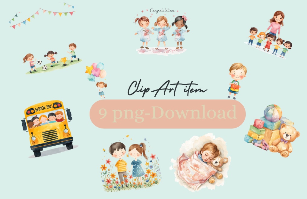 【PNG透過】かわいいクリップアート素材9セット｜保育・幼稚園・おたより・SNS・商用OK
