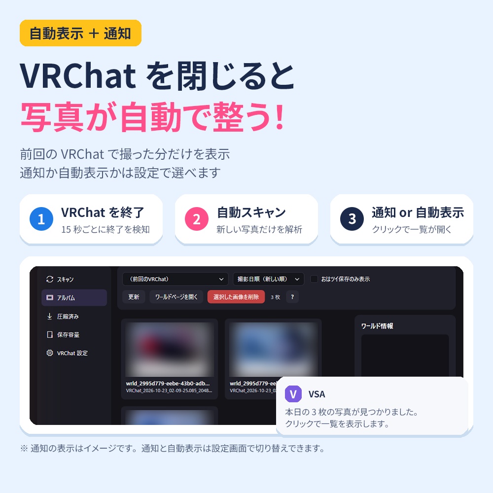 [無料] 写真圧縮、おはツイ、フレンドとの写真共有に！　VSA（VRChat Storage Assist）