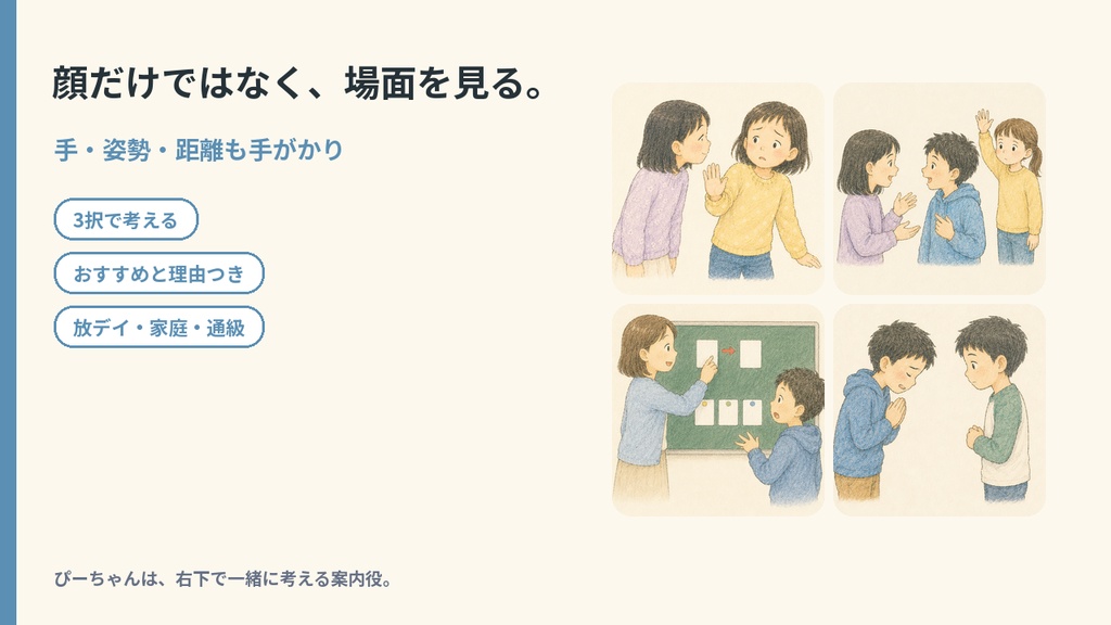 ぴーちゃんと ことばを えらぼう|小学生向けSST教材・人間中心版・24場面