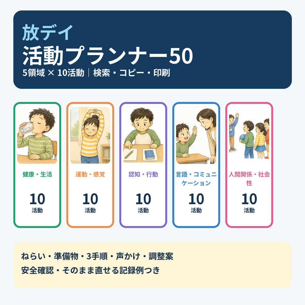 放デイ活動プランナー50｜5領域×ねらい・声かけ・記録例｜オフライン