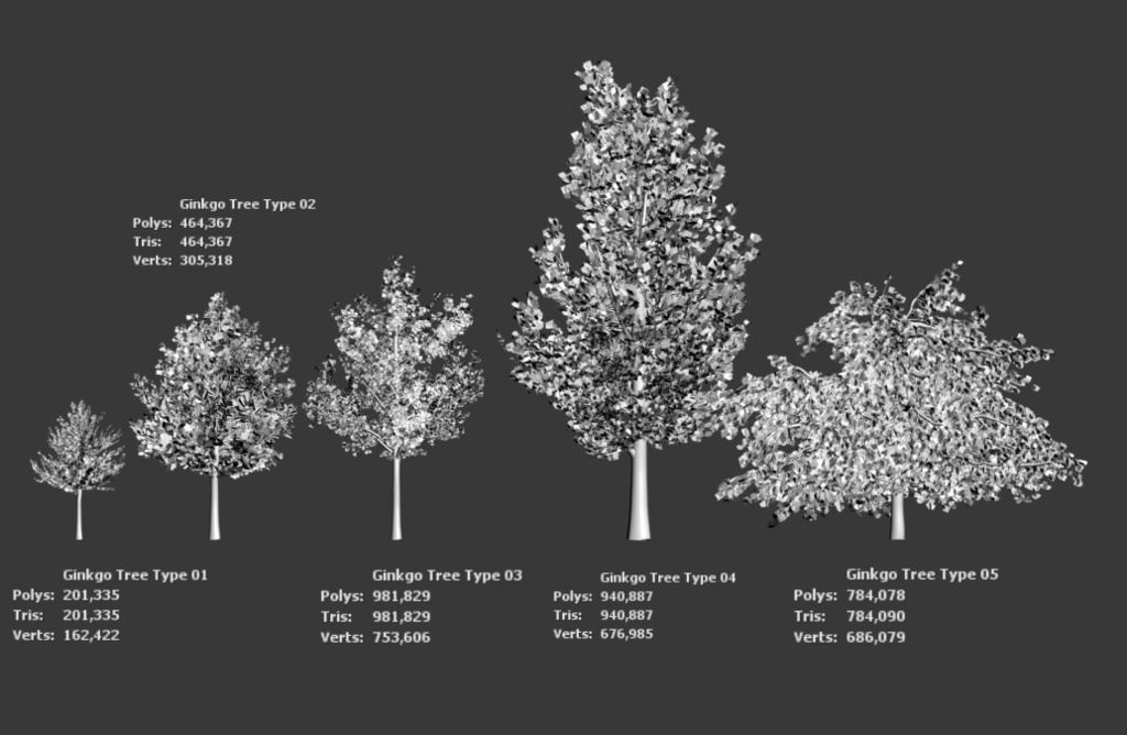 5本のリアルなイチョウ3Dデータパック