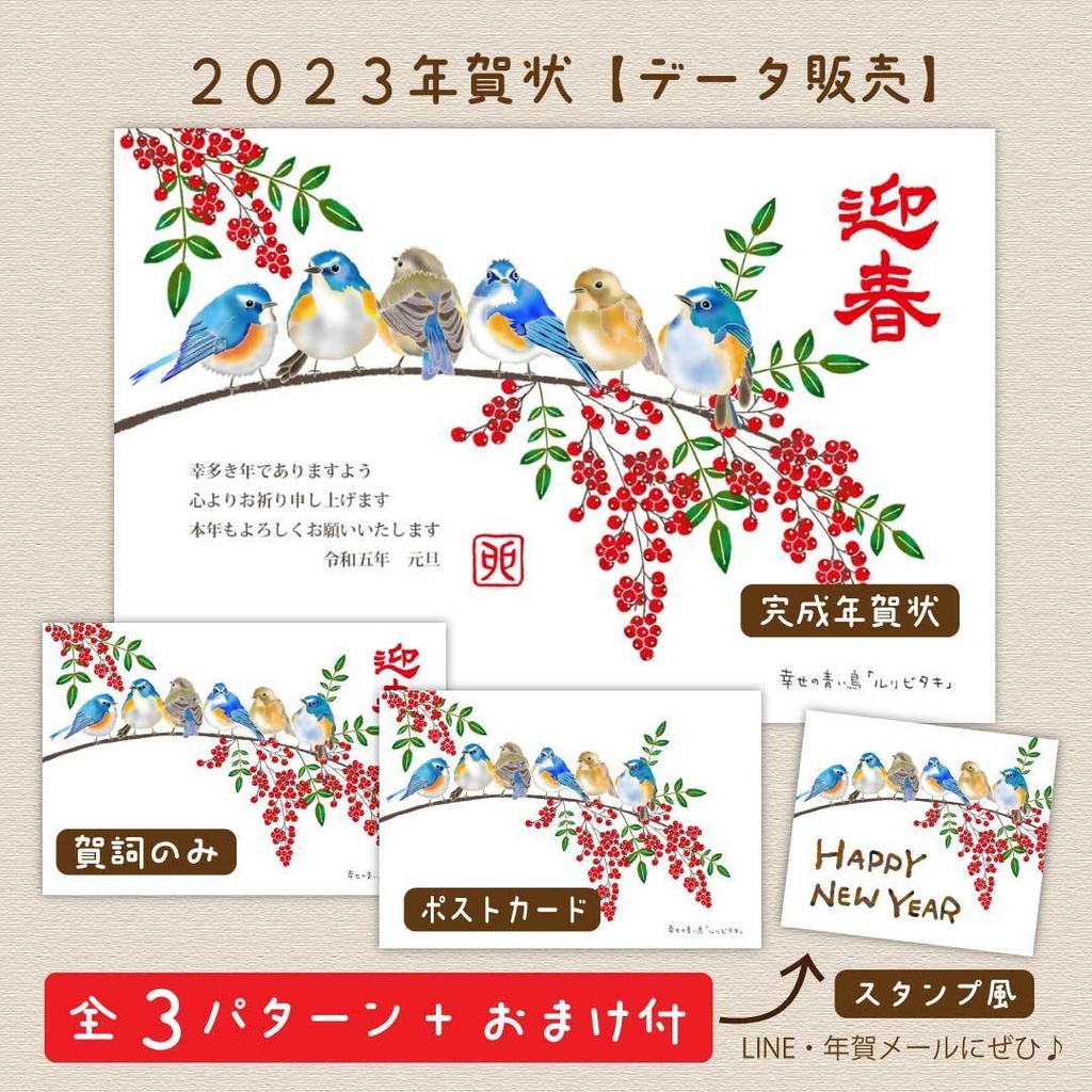 2023年賀状【冬鳥ver】「ルリビタキと南天」