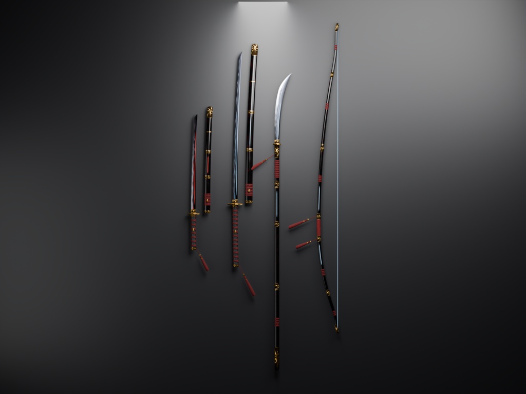 【和風ダークファンタジー3D】緋月ノ国 武器四種(妖刀・大太刀・薙刀・弓)MA対応