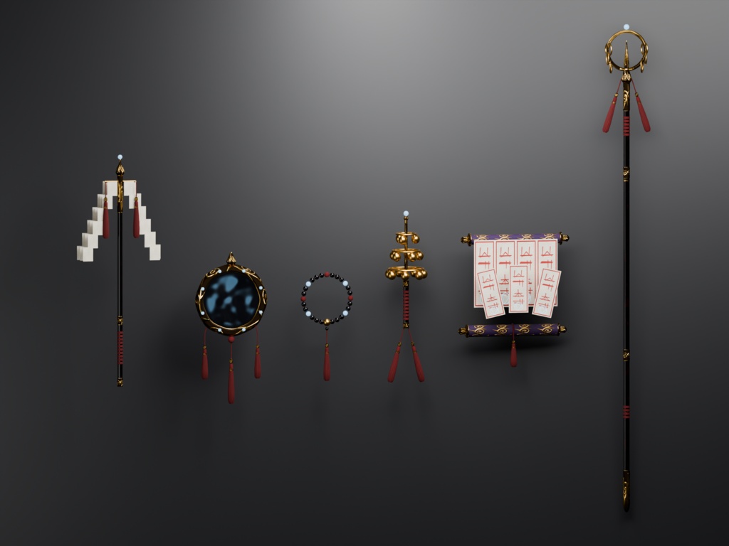 【和風ダークファンタジー3D】緋月ノ国 霊具六種(御幣・八咫鏡・数珠・神楽鈴・呪符・錫杖)MA対応