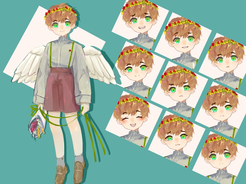 無料有:全身立ち絵イラスト(羽の生えた花冠をした少年/少女/ロリ/ショタ)