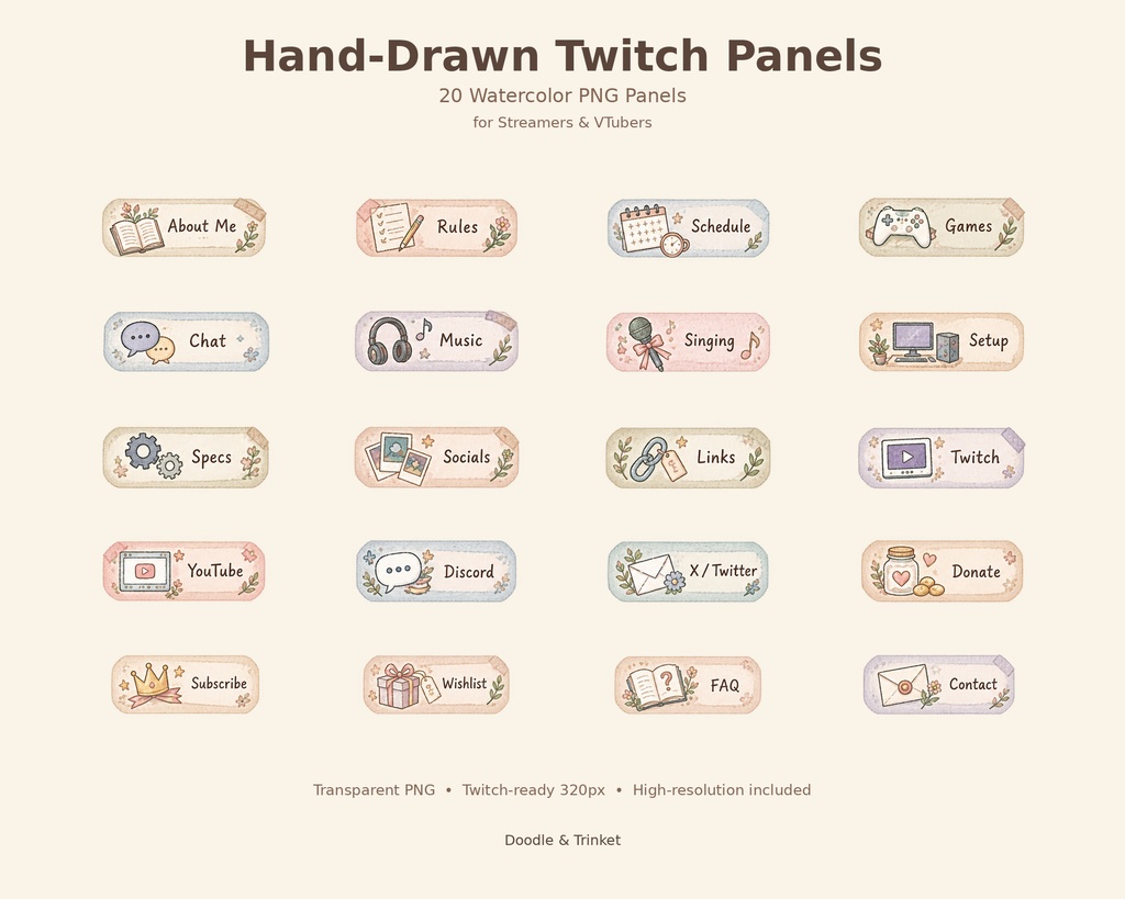 【Twitchパネル20点セット】手描き風 Twitch｜水彩・透過PNG｜配信者・VTuber向け