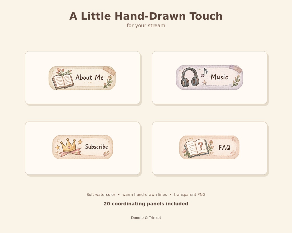 【Twitchパネル20点セット】手描き風 Twitch|水彩・透過PNG|配信者・VTuber向け