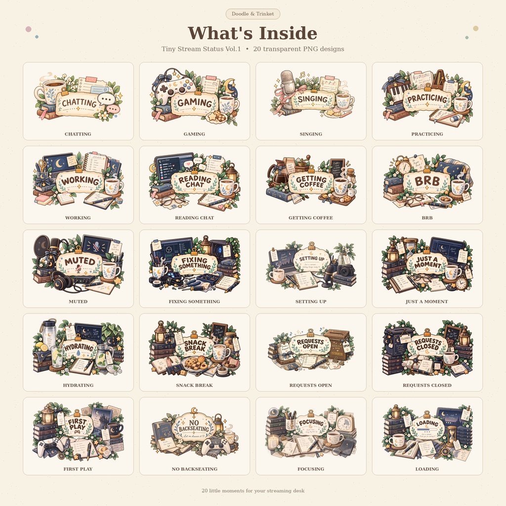 Tiny Stream Status Vol.1|配信ステータス素材 20種|透過PNG