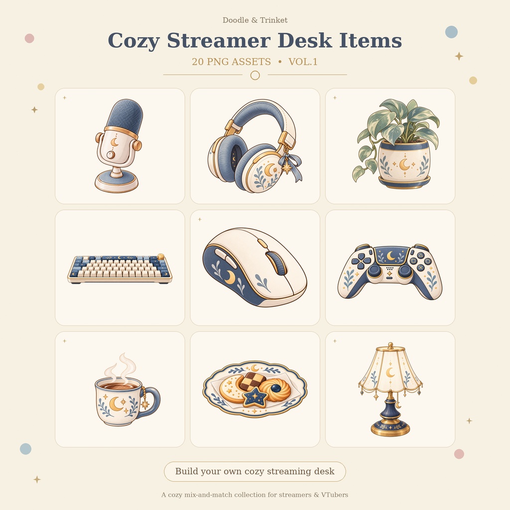 【配信素材】Cozy Streamer Desk Items Vol.1｜配信デスク小物20種・背景透過PNG