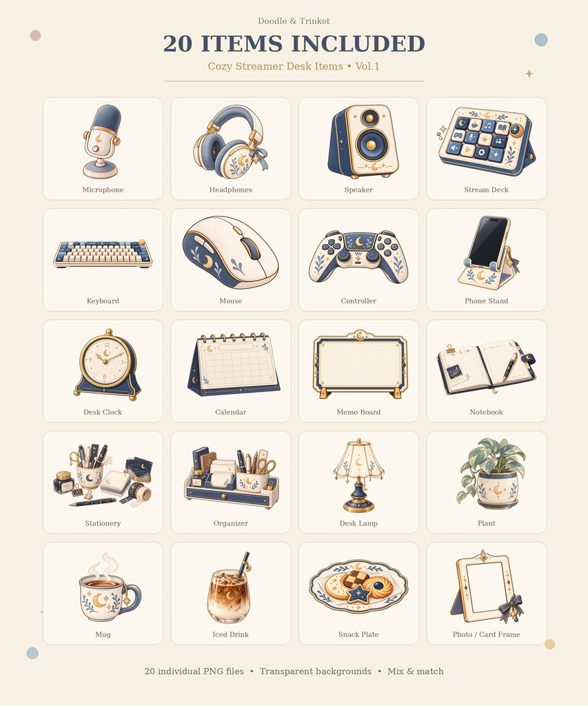 【配信素材】Cozy Streamer Desk Items Vol.1|配信デスク小物20種・背景透過PNG