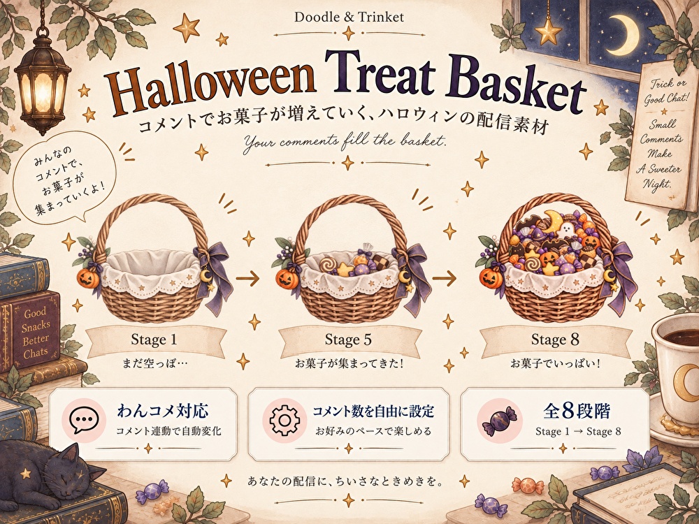 【わんコメ対応】Halloween Treat Basket｜コメントでお菓子が増える・ハロウィン配信素材