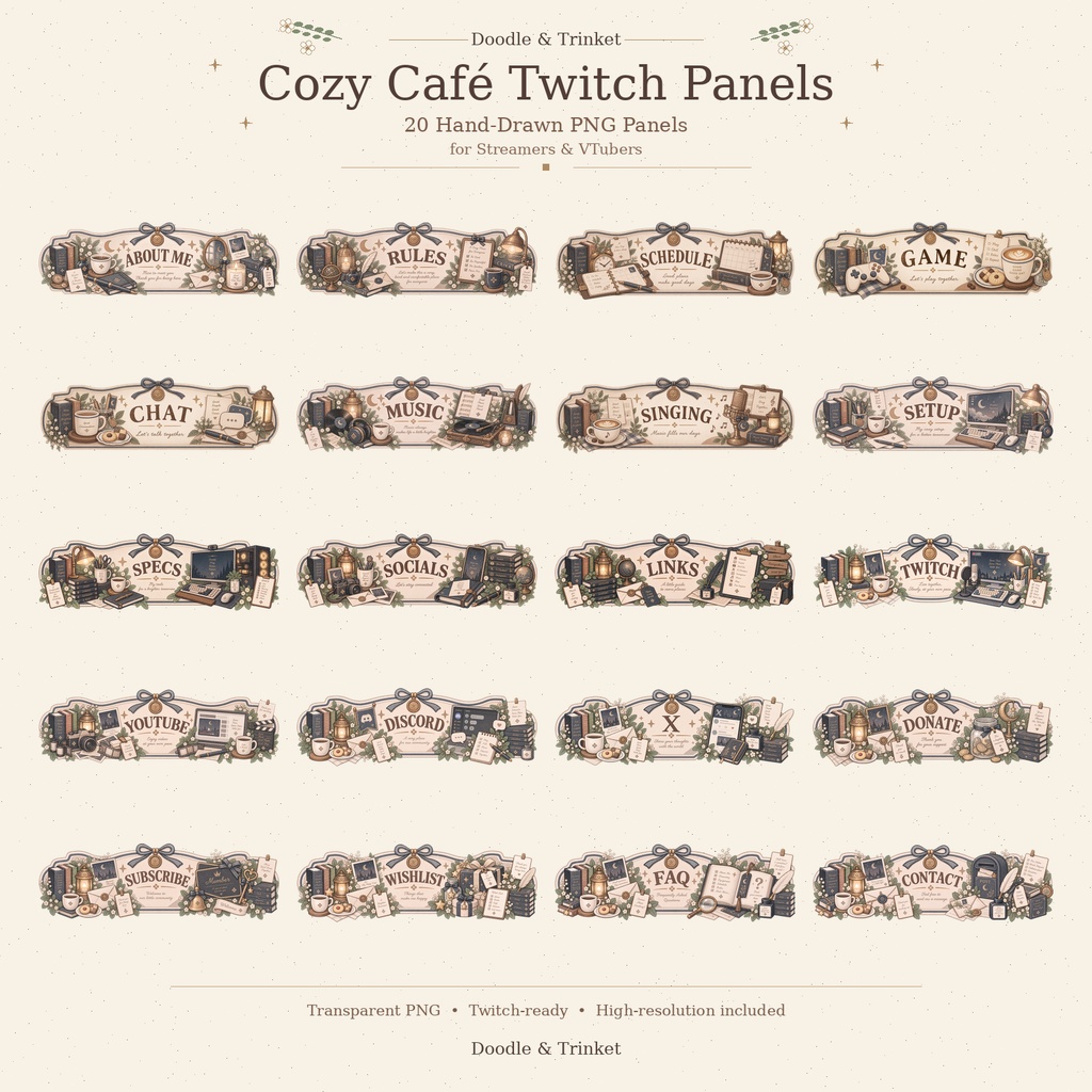 【Twitchパネル20点セット】Cozy Café Twitch|手描き水彩・透過PNG|配信者・VTuber向け