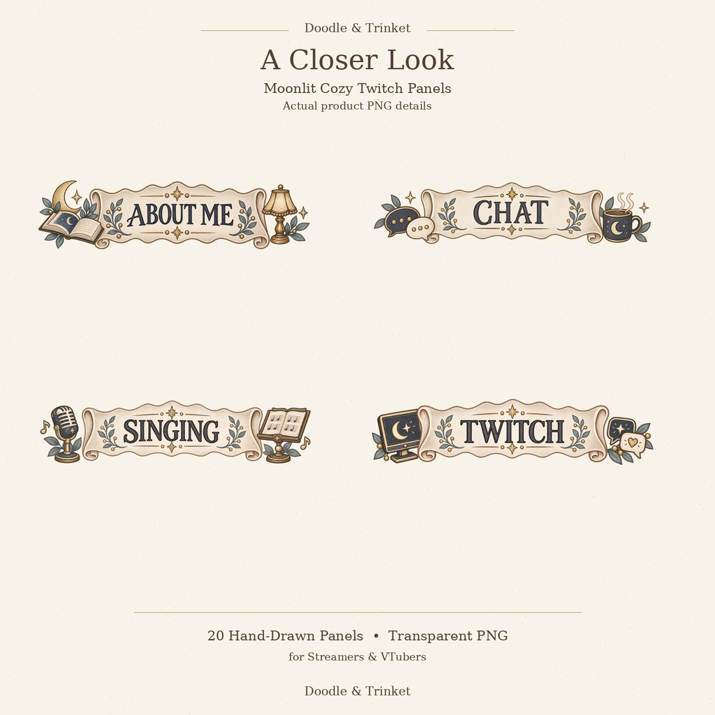 【Twitchパネル20点セット】Moonlit Cozy Twitch｜月夜・手描き水彩・透過PNG｜配信者・VTuber向け