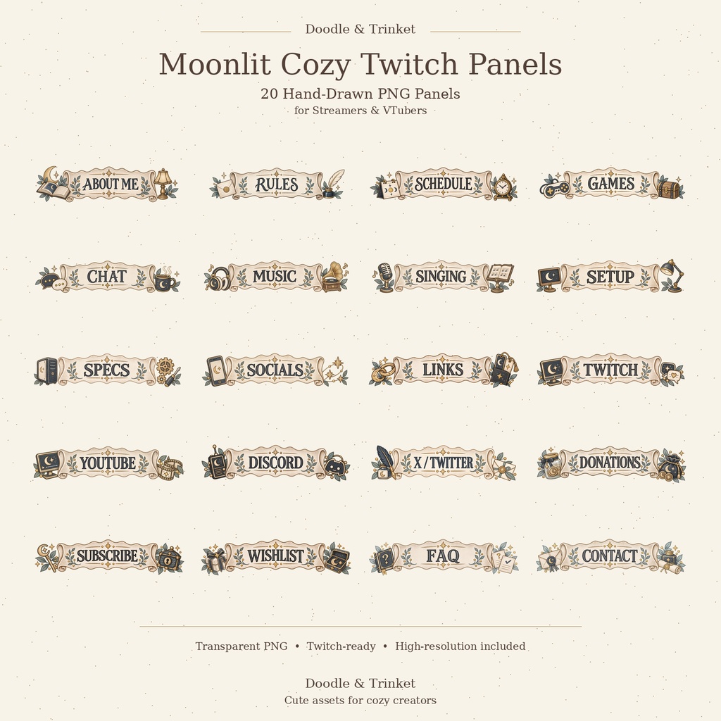 【Twitchパネル20点セット】Moonlit Cozy Twitch|月夜・手描き水彩・透過PNG|配信者・VTuber向け