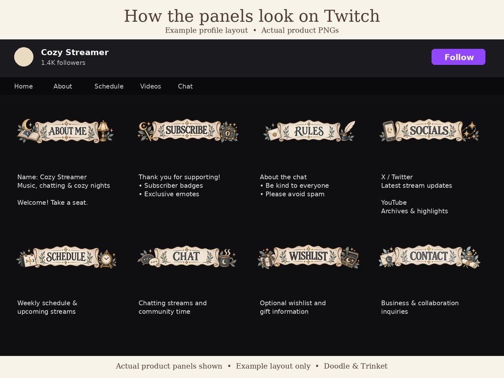 【Twitchパネル20点セット】Moonlit Cozy Twitch|月夜・手描き水彩・透過PNG|配信者・VTuber向け