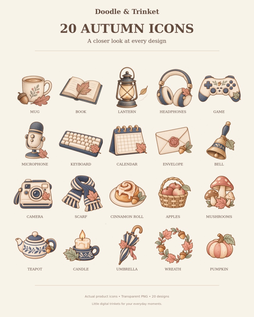 秋の小さな配信アイコン20点｜Autumn Little Moments｜透過PNG