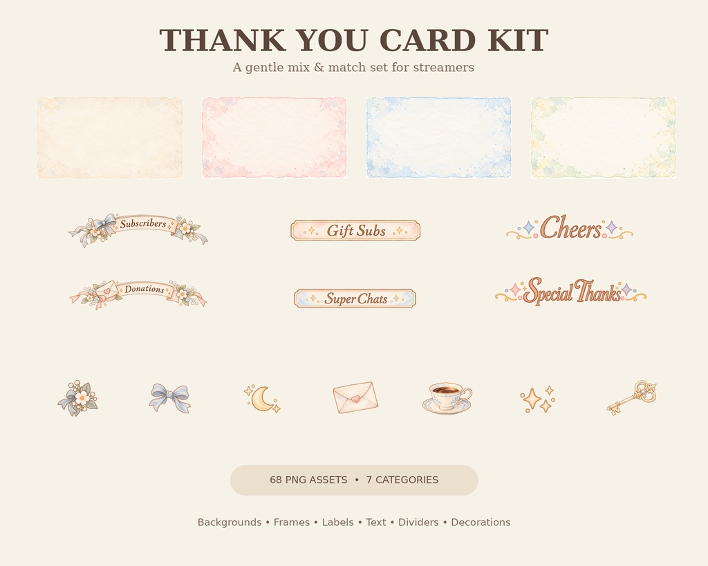 【配信者向け】Thank You Card Kit|手描き水彩サンクスカード素材 68点セット|透過PNG