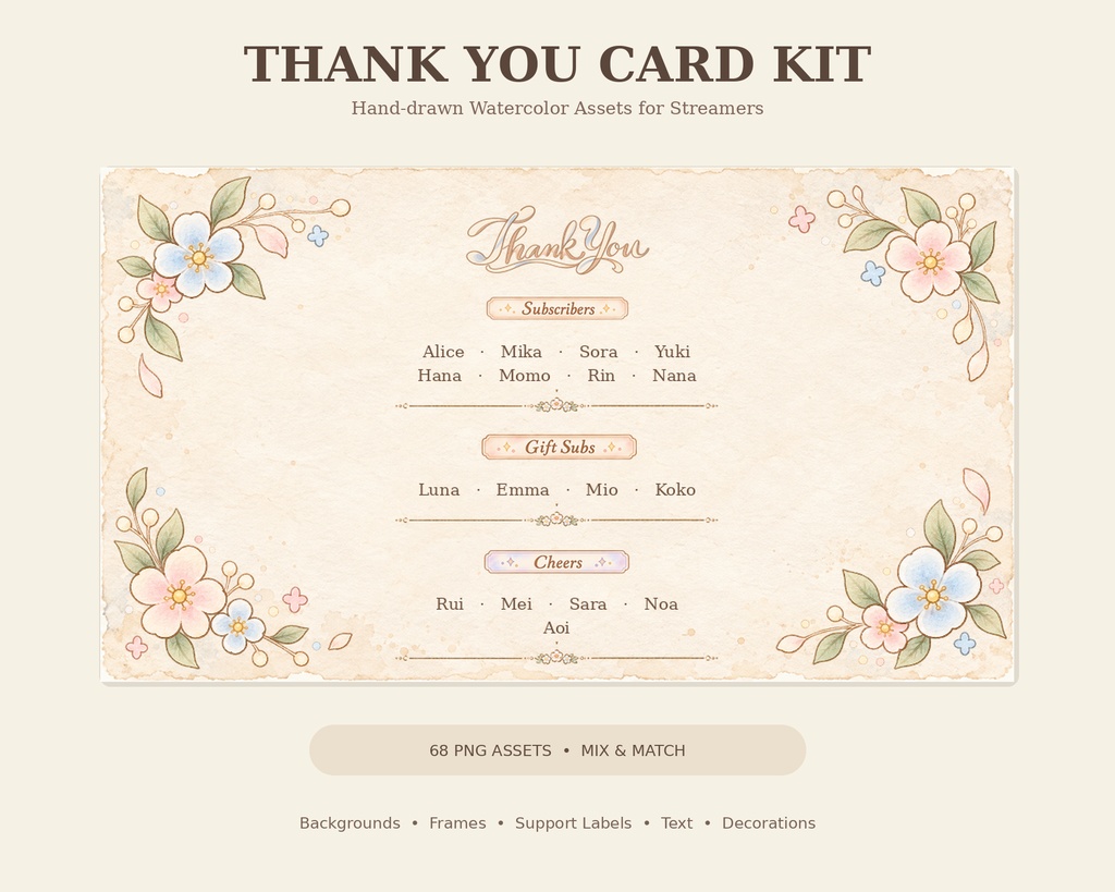 【配信者向け】Thank You Card Kit｜手描き水彩サンクスカード素材 68点セット｜透過PNG