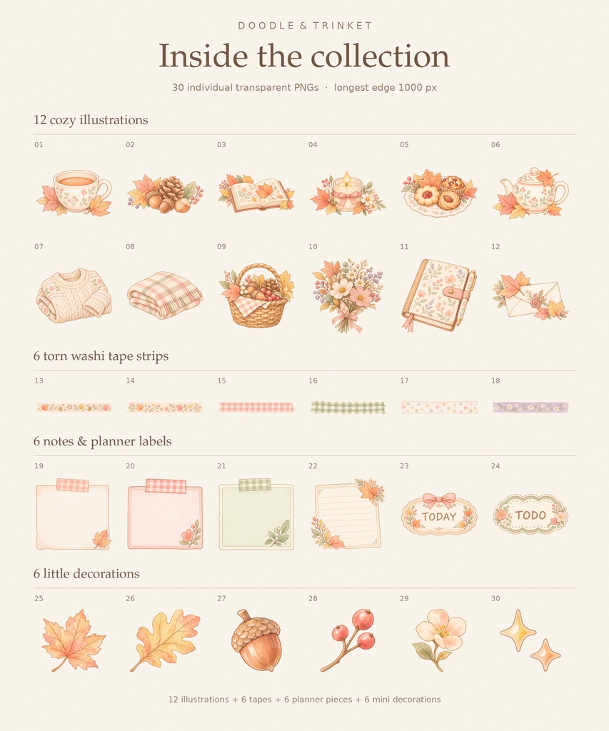 Pastel Autumn Journal Stickers|パステル秋色・手帖ステッカー30点